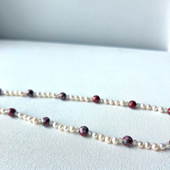 Vintage Pearl & Red Cloisonné Bead Necklace - Picture 6 of 6
